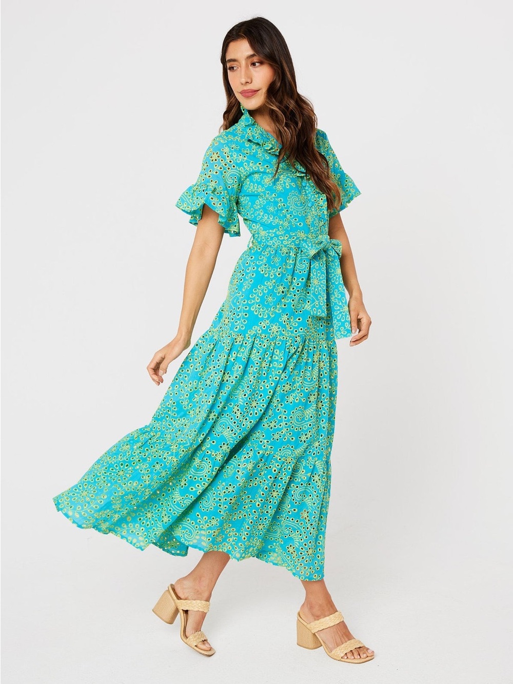 NWT Abbey Glass Sadie Maxi Dress Teal and Chartreuse Jasmine Eyelet Sz XL - Picture 5 of 15